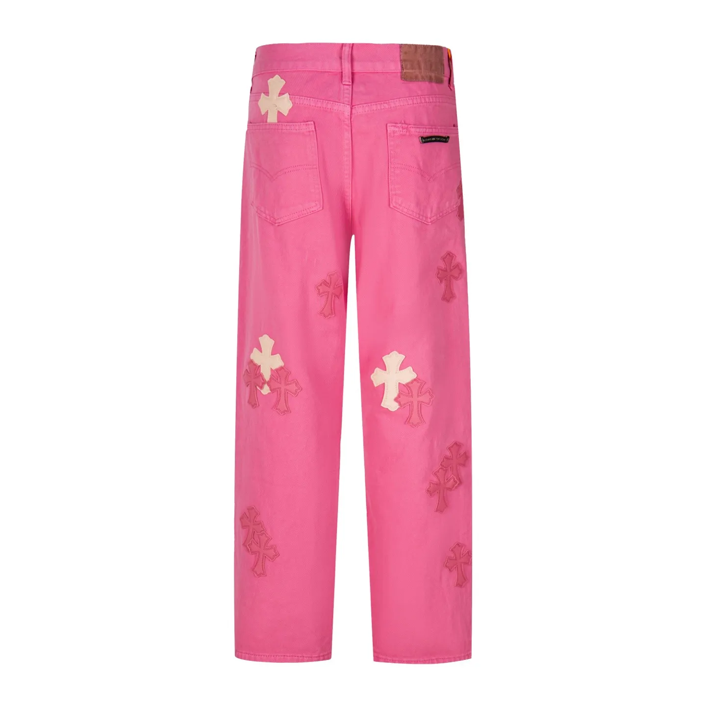 P250 CHROME HEARTS 25ss dopamine light pink cross-over leather washed jeans - Full of exploring the ultimate in fashion, Chrome Hearts' new Chrome Hearts pants not only present a unique style, the fresh ice blue color looks particularly youthful and energetic. The mid-high waist design is paired with a lazy and casual style, which not only shows long legs but also maintains a casual feel. It is a must-have fashion choice for trendy men and trendy women. Style number: 1778# Color: Dopamine powder Size: 28 30 32 34